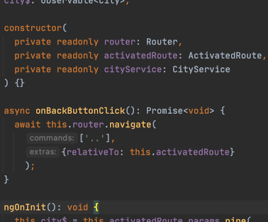 A screenshot of the source code of an arbitrary Angular component implementing programmatic navigation using the Angular Router's navigate function