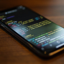 A photograph of a pair a smartphone with HTML code on screen