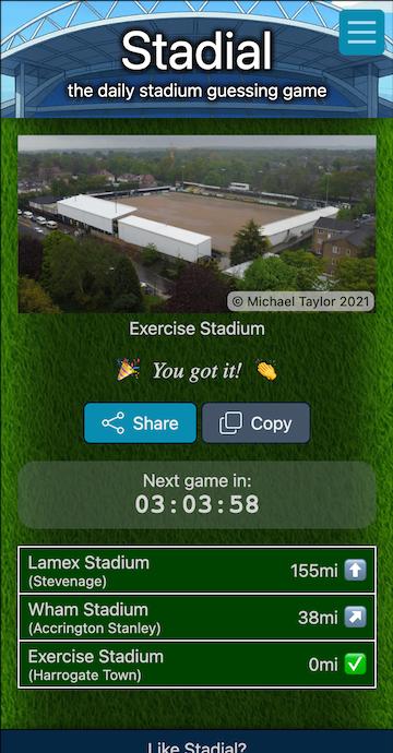 A screenshot of the Stadial game showing two wrong guesses with distance and direction hints and a third correct guess